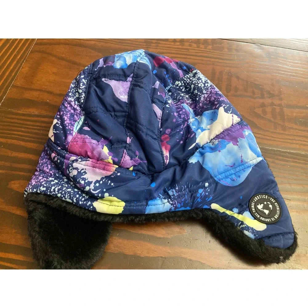 Justice Splatter Hat‎ with Ear Flaps Winter One Size Kids Colorful Black Trapper